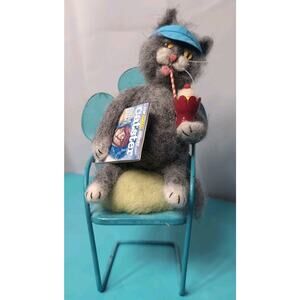 Vintage Needle-Felted Cat Figurine With Chair Magazine Sundae 8" Wool